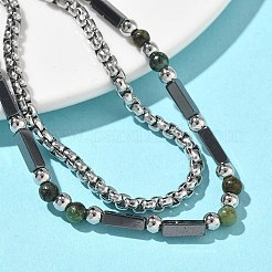 Natural African Turquoise(Jasper) & Non-magnetic Synthetic Hematite Beaded Multi-strand&nbsp;BJEW-Z148-05P-05