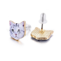 Real 14K Gold Plated Alloy Kitten Stud Earrings&nbsp;EJEW-G148-01G-04