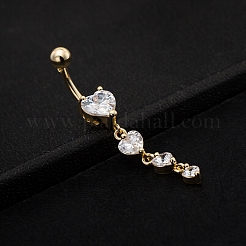 Real 18K Gold Plated Piercing Jewelry Brass Cubic Zirconia Heart Navel Ring Navel Ring Belly Rings&nbsp;AJEW-EE0001-06