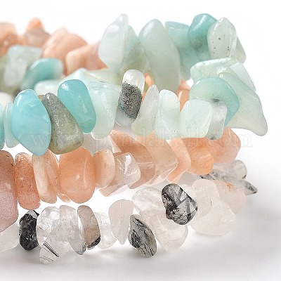 Chips Natural Rutilated Quartz & Flower Amazonite & Sunstone Beaded Stretch Bracelets Sets&nbsp;BJEW-JB05332-06-1