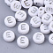 Plating Acrylic Beads, Silver Metal Enlaced, Horizontal Hole, Flat Round with Letter, White, Letter.E, 7x4mm, Hole: 1.2mm, about 3600pcs/500g.