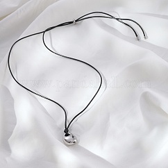 Minimalist Stainless Steel Teardrop Pendant Black PU Leather Cord Slider Necklaces for Women, Stainless Steel Color, 15.75 inch(40cm)
