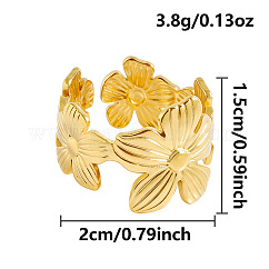 304 Stainless Steel Cuff Open Rings for Women, Flower, Real 18K Gold Plated, 15mm, Inner Diameter: 20mm