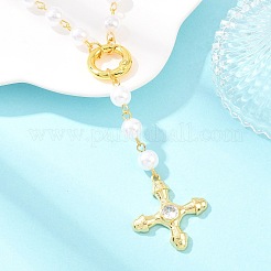 Brass Pave Clear Cubic Zirconia Cross Y Pendant Necklaces with ABS Imitation Pearl Handmade Link Chain&nbsp;NJEW-F364-06G