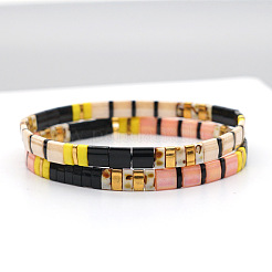Vintage Bohemian Glass Tila Beaded Beach Stretch Tile Bracelets&nbsp;OP4703-2