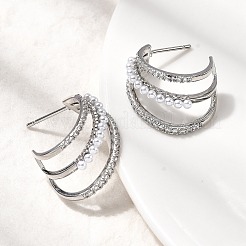Brass Micro Pave Clear Cubic Zirconia Triple C-Shaped Stud Earrings&nbsp;EJEW-P322-10P