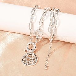 Mother's Day Brass Micro Pave Clear Cubic Zirconia Hollow Flat Round with Heart Mama Pendant Necklaces for Women&nbsp;NJEW-A071-05P