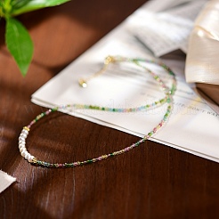 2MM Faceted Round Natural Green Tourmaline & Glass Pearl Beaded Necklaces for Women&nbsp;YX9478