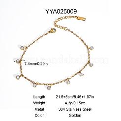 Elegant 304 Stainless Steel Pave Clear Cubic Zirconia Flat Round Charm Anklets&nbsp;HM7489-7