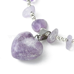 Natural Lepidolite/Purple Mica Stone Heart Charm Bracelet with Chips Beaded Chains&nbsp;BJEW-TA00295-02