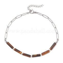 Natural Tiger Eye & Red Jasper & Purple Turquoise & Jade Column Beaded 304 Stainless Steel Paperclip Chain Anklets for Women&nbsp;AJEW-AN00759