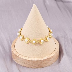 Brass & White Round ABS Plastic Pearl Shell Shape Link Chain Bracelets for Women&nbsp;BJEW-L707-03G