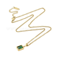 304 Stainless Steel Pave Green Cubic Zirconia Rectangle Pendant Necklaces&nbsp;NJEW-N055-19G