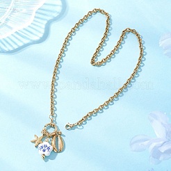 White and Blue Porcelain Flower & 304 Stainless Steel Starfish and Shell Shape Pendant Necklaces for Women&nbsp;NJEW-JN05648