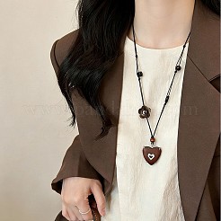 Adjustable Wood Heart Pendant Black Waxed Cord Long Necklaces with Resin Flower for Women&nbsp;WG3A463-01