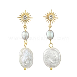 Natural Pearl & Brass Cubic Zirconia Stud Dangle Earrings&nbsp;EJEW-JE07264