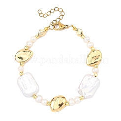 Natural Baroque Pearl Keshi Pearl & Brass Beaded Bracelets for Women&nbsp;BJEW-JB13799