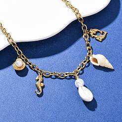 304 Stainless Steel Dolphin Sea Horse & Natural Shell Pendant Necklaces for Women&nbsp;NJEW-F346-07G
