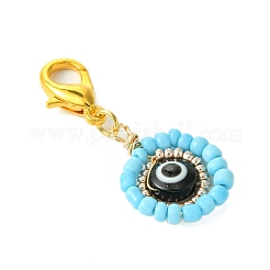 12Pcs 12 Colors Flat Round with Evil Eye Resin & Glass Seed Pendant Decorations&nbsp;HJEW-MZ00094