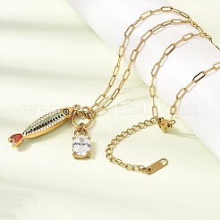 Ocean 304 Stainless Steel Enamel Fish Pendant Paperclip Chain Necklaces with Clear Cubic Zirconia&nbsp;SA-CBAD22F-07G-B