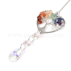 Wire Wrapped Chakra Natural Mixed Stone Heart with Tree of Life Pendant Decorations&nbsp;HJEW-K046-02P-03