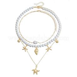 Summer Beach Alloy Starfish Pendant Shell & Imitation Pearl Beaded 3 Layer Necklaces for Women&nbsp;FS-WGA3F17-01