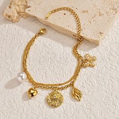 304 Stainless Steel Crystal Rhinestone and Imitation Pearl Butterfly Flower Charm 2-Strand Bracelets for Women&nbsp;WG73EE1-01