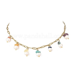 Natural Mixed Stone Chip and Pearl Tassel 304 Stainless Steel Paperclip Chain Necklaces for Women&nbsp;NJEW-JN06528-01