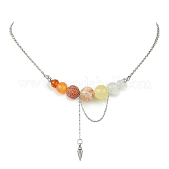 4Pcs 4 Styles Natural Mixed Stone Round Graduated Beaded Pendant 304 Stainless Steel Cable Chain Necklaces for Women&nbsp;NJEW-TA00242