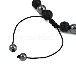Non-Magnetic Synthetic Hematite & Natural Larvikite & Natural Lava Rock Round Beaded Braided Bracelets for Men Women&nbsp;BJEW-JB11185-02