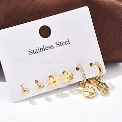 304 Stainless Steel Rhinestone Clover & Round Earring Sets&nbsp;EJEW-Z098-13G