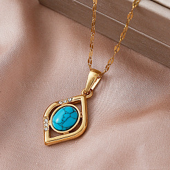 Vintage 304 Stainless Steel & Synthetic Turquoise Rhombus Pendant Necklaces for Women&nbsp;SV2526