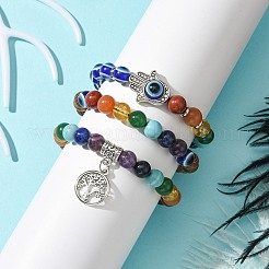 3Pcs 3 Styles Chakra Gemstone & Wood Evil Eye Braided Beaded Bracelet Sets&nbsp;BJEW-JB10905