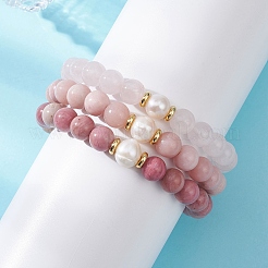 3Pcs Round Natural Rose Quartz & Rhodochrosite & Pink Opal & Pearl Beaded Stackable Stretch Bracelets Sets&nbsp;BJEW-JB12995