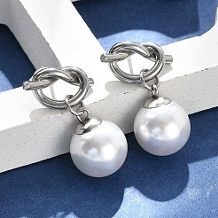 304 Stainless Steel Plastic Imitation Pearl Round Dangle Stud Earrings&nbsp;EJEW-V008-02P