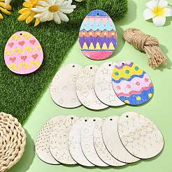 Unfinished Wood Easter Egg Pendant Decoration with Hemp Rope&nbsp;DIY-CJC0006-29