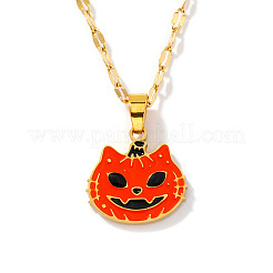 304 Stainless Steel Enamel Halloween Cat Pumpkin Pendant Dapped Chain Necklaces&nbsp;TA2599