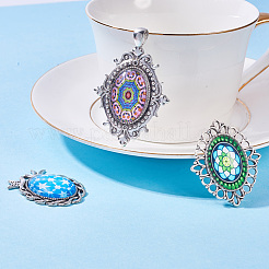 Tibetan Style Alloy Pendant Cabochon Settings and Mosaic Printed Glass Oval Cabochons&nbsp;TIBEP-PH0004-34AS