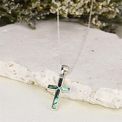 304 Stainless Steel Pave Natural Paua Shell Religion Cross Pendant Necklaces for Women&nbsp;FS-WG66782-01