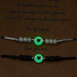 2Pcs Flat Round with Heart Acrylic Braided Bead Bracelets Set with Glass Seed&nbsp;BJEW-JB08034-01