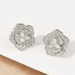 Flower Brass Micro Pave Clear Cubic Zirconia Stud Earrings&nbsp;EJEW-M082-19P