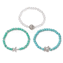3Pcs 3 Styles Round Glass & Synthetic Turquoise Beads Stretch Bracelets Sets for Women&nbsp;BJEW-JB11654