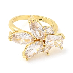 Rack Plating Brass Micro Pave Cubic Zirconia Flower Open Cuff Rings&nbsp;RJEW-A016-07G