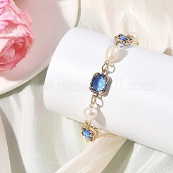 Natural Cultured Freshwater Pearl & Brass Glass Link Chains Bracelets for Women&nbsp;BJEW-JB14214