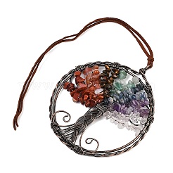 Brass & Chakra Natural Gemstone Chips Pendant Decorations&nbsp;HJEW-Z007-05R-07