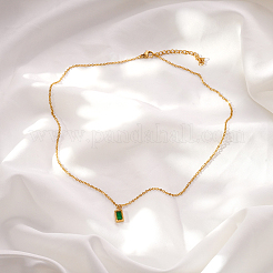 Vintage 304 Stainless Steel Emerald Rhinestone Rectangle Pendant Necklaces for Women&nbsp;NI1330-1