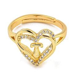 Heart with Letter Rack Plating Brass Micro Pave Clear Cubic Zirconia Adjustable Rings for Women&nbsp;RJEW-I105-01G-T