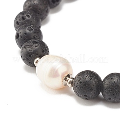Natural Pearl & Lava Rock Beaded Stretch Bracelet&nbsp;BJEW-JB07760