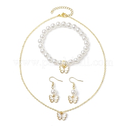 Alloy Enamel Butterfly Charm Necklaces & Dangle Earring & ABS Plastic Imitation Pearl Beads Bracelets Sets&nbsp;SJEW-JS01315-03