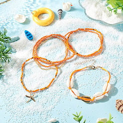 2 Bags Summer Beach Glass Seed Beaded & Natural Shell & Alloy Starfish Charm Anklet Sets&nbsp;AJEW-TA0003-69C
